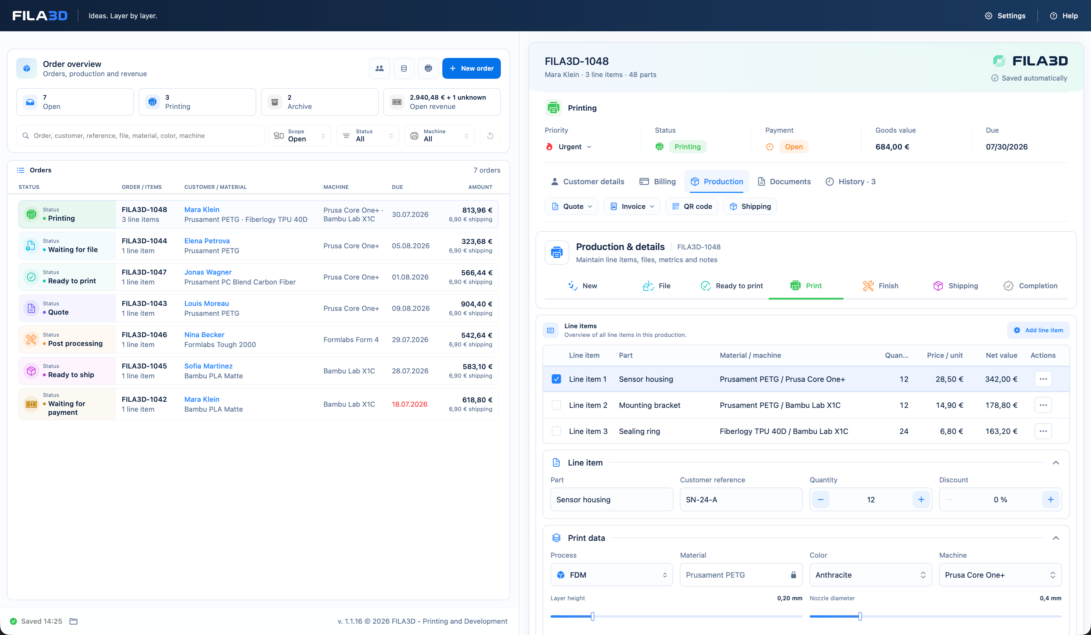 FILA3D production overview with machine queues and print farm order status