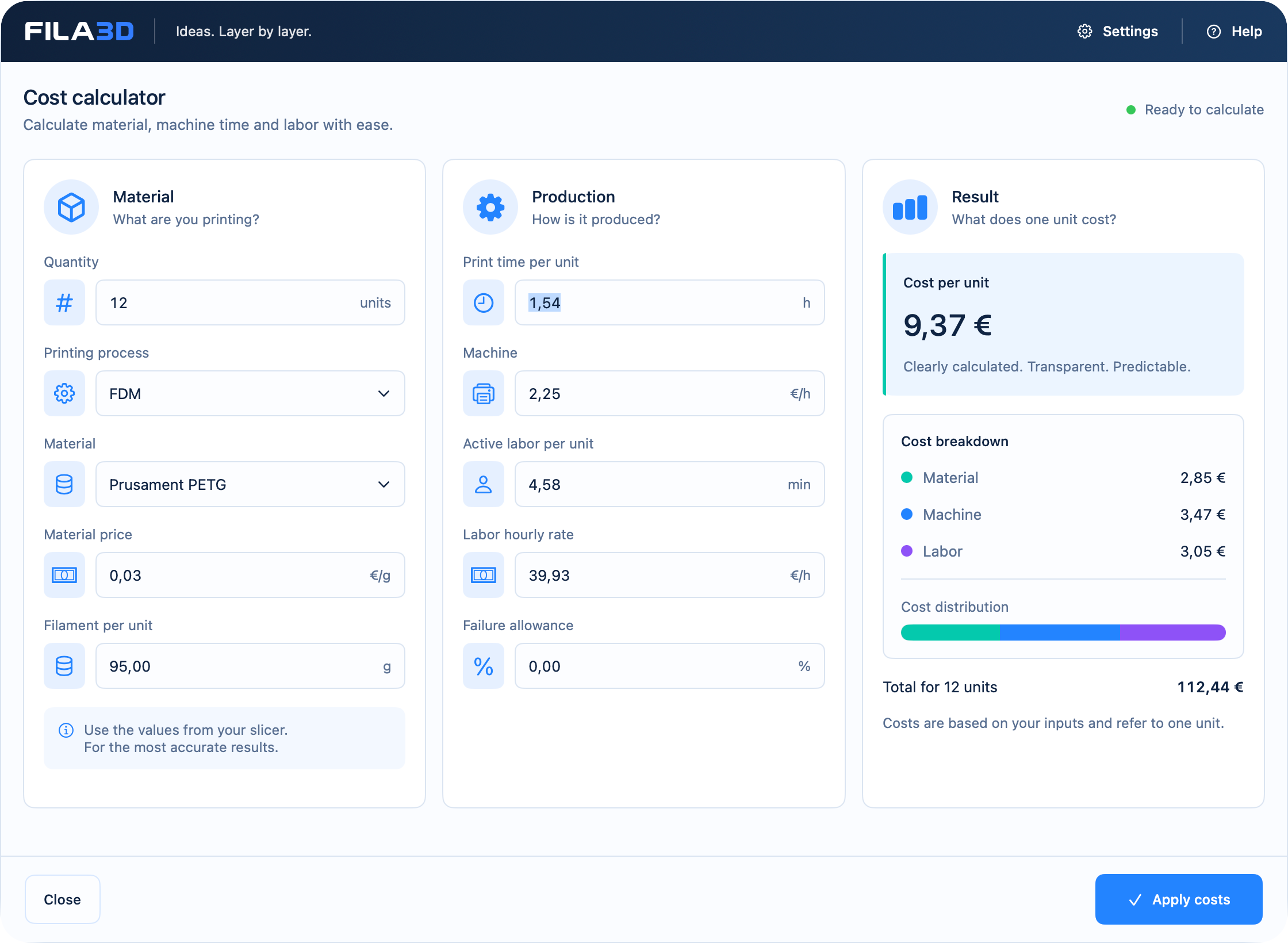 FILA3D cost calculator for material, machine and labor costs in a 3D printing order
