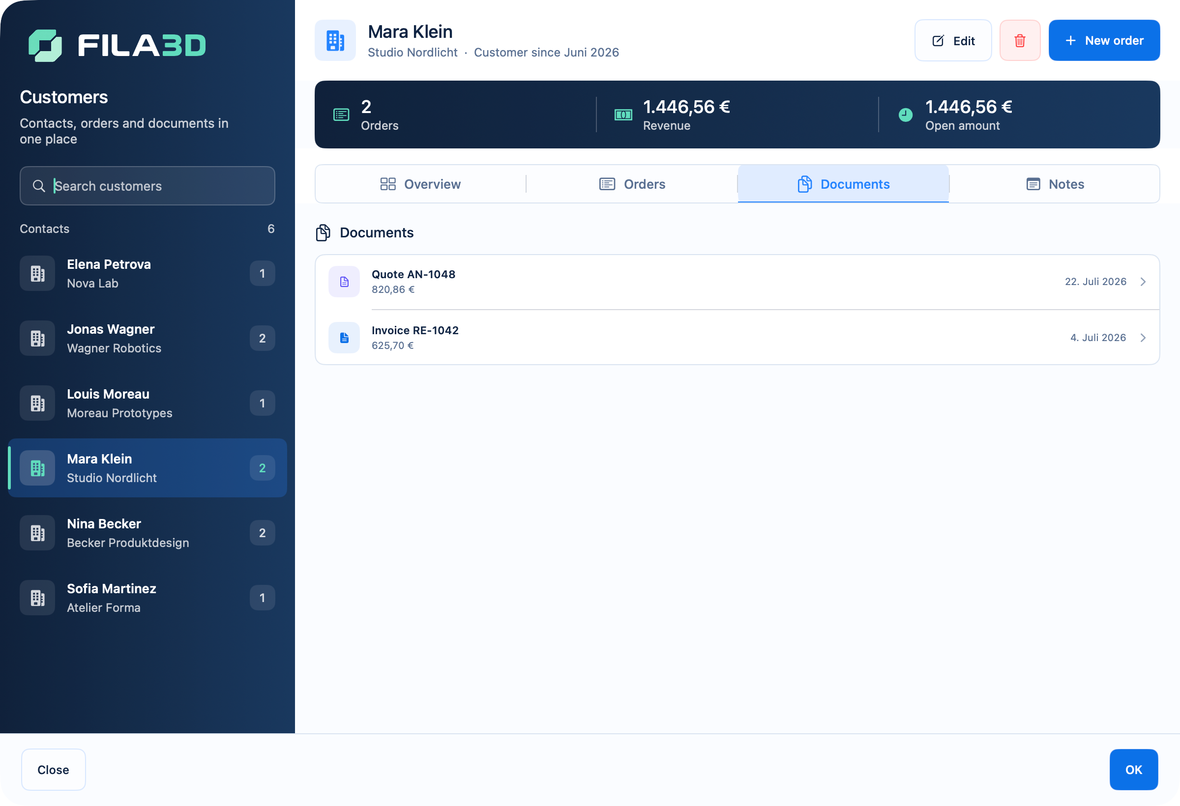 FILA3D customer record with quotes, invoices and documents for a 3D printing order